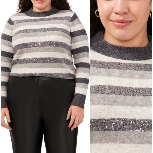 Halogen Sequin Striped Mock Neck Knit Pullover Sweater Gray White Size 2X NWT - Picture 2 of 10